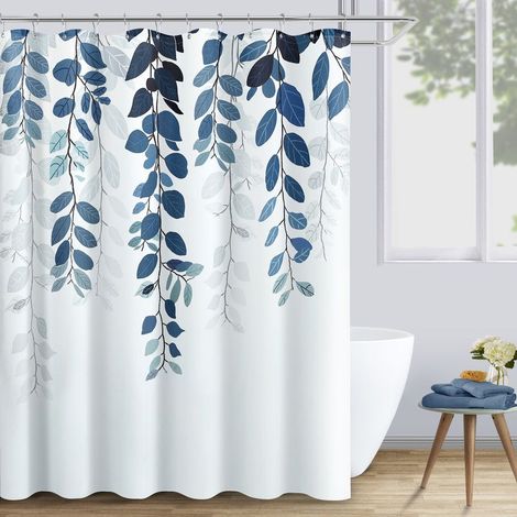 Rideau de douche 180 x 180 cm, motif feuilles bleues, en polyester imprimé, imperméable, pour salle de bain (1/5)