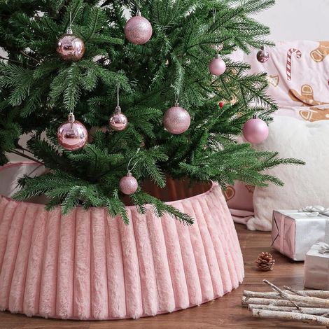 Jupe de sapin de Noël 3D en peluche rose et blanche unie, décoration festive, jupe pour parasol de sapin, jupe de sapin 3D blanche, 23,5 x 58 x 72 cm