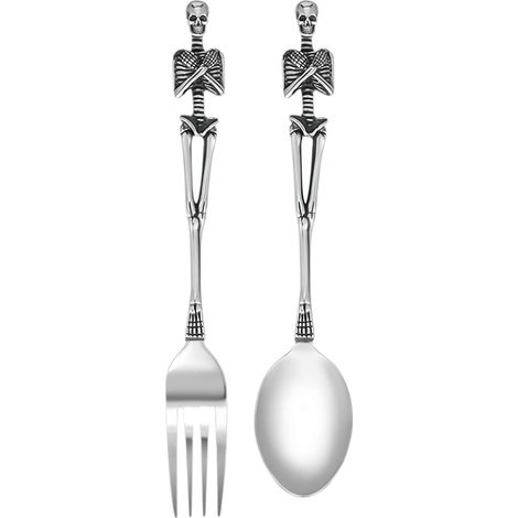Cuillère Fourchette Design Crâne - Acier Inoxydable - Pour Repas Festifs Halloween Noël Pâques - Lot de 2 Pièces (1/5)
