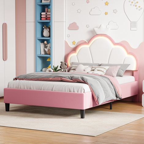 Bett 140x190 cm – Kinderbett 140x190 cm - Prinzessinnenbett mit RGB-LEDs – Mädchenbett im Kronen-Design – aus rosa und weißem Samt