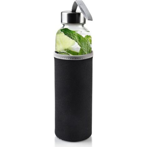 Bouteille En Verre - 490 ml - 6,5 x 22 cm - Etui Neoprene Noir Amovible - Bouchon Acier Inoxydable (1/5)