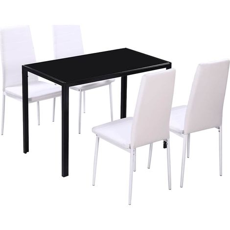 Ensemble de salle à manger, table et chaises, 5 pièces, similicuir, noir et blanc (1/5)