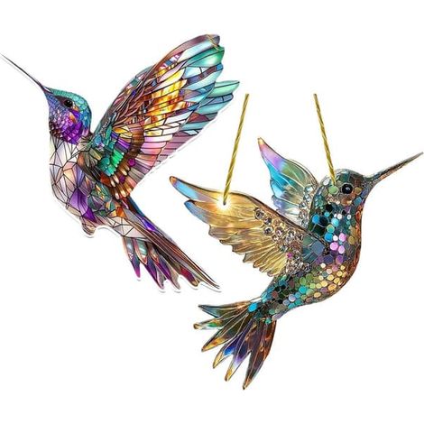 Chat soleil et colibri (lot de 2) - Décoration de fenêtre en vitrail pour salon, mur, jardin ou fête (1/5)