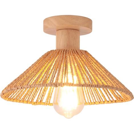 Plafonnier Rétro en Rotin et Bois - 1 Unité - Style Bohème Vintage - Éclairage Ambiant Doux - Salon Chambre Cuisine - Diamètre 26cm Marron (1/5)