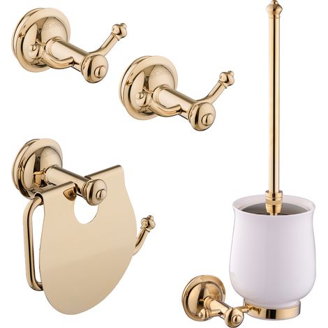 Set d'accessoires PaulGurkes en or : porte-papier toilette, crochet pour serviette, brosse WC rétro