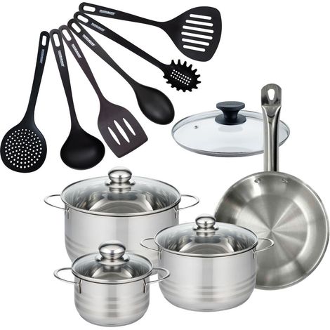 Set 1 poêle 24 cm en inox et 1 couvercle verre, 3 faitouts inox 16, 20 et 24 cm et 6 ustensiles RPET Fackelmann Eterna (1/5)