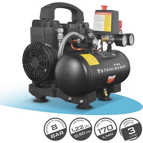 STAHLWERK Compressore 8 bar 3 L 1,22 HP 0,90 kW 170 l/min Compressore per aria compressa
