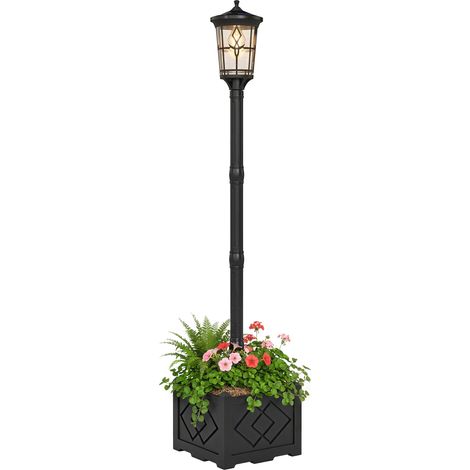 Lampe solaire d'extérieur pour jardin avec pot de fleurs intégré, 2 modes de luminosité 100/50 lm, IP44, allumage/extinction automatique, noire (1/5)