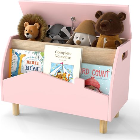 COSTWAY Kid Toy Storage Chest Bookcase Wooden Toy Box w/ Shelf-Pink (1/5)