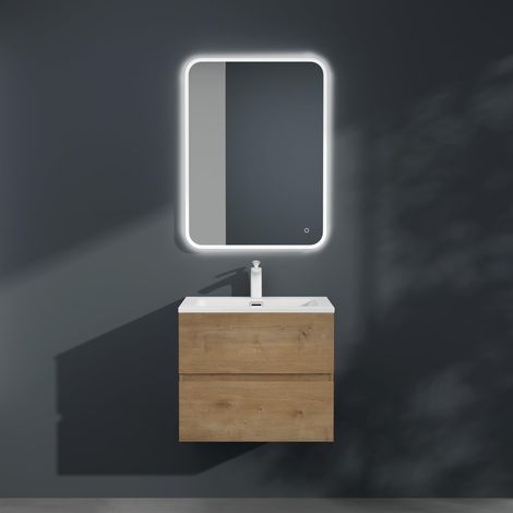 Mai & Mai Mobile Bagno Sospeso 60cm, Mobile da Bagno con 2 Cassetti Include Lavabo Bianco Aqualis F156, Marrone chiaro (1/5)