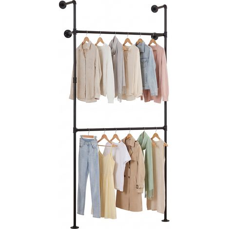 Portant Vêtement Mural Industriel en Tuyaux Métal, avec Double Niveau, 2 Barres de Suspension, Rangement Penderie, Présentoir Boutique, Charge 20 kg (1/5)