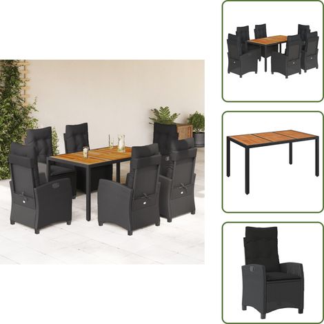 Chaise de jardin inclinable - vidaXL Ensemble à manger de jardin coussins 7pcs Noir Résine tressée - Coussin de siège (1/5)