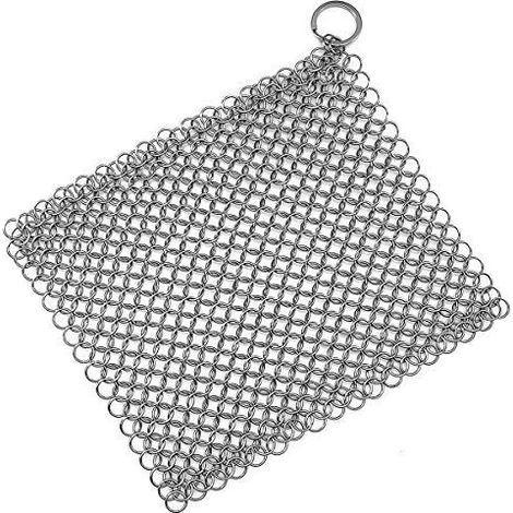 Nettoyeur en acier inoxydable pour poêles en fonte, grattoir en cotte de mailles 316 pour poêles en fonte, poêles pré-culottées, plaques de cuisson, grils de barbecue et autres ustensiles de cuisine - (1/5)