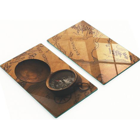Tableros de vidrio duraderos y elegantes con dise帽o de br煤jula y mapa, color marr贸n, 2x30x52 cm.