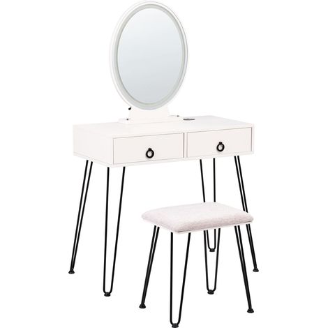 Coiffeuse Blanc et Noir en Métal MDF et Polyester avec Tabouret et Miroir Soye (1/5)