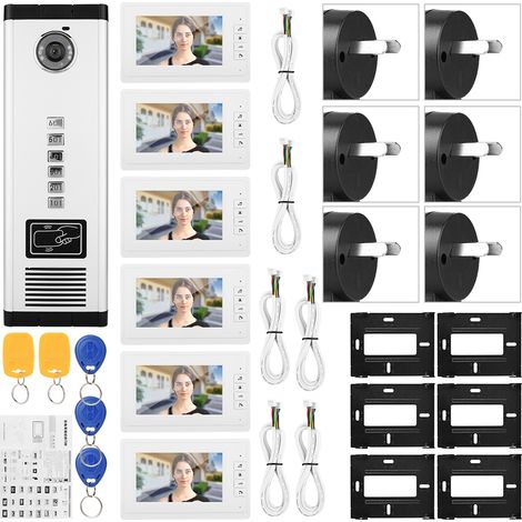 Interphone vidéo 7 pouces HD IR, une caméra avec six moniteurs, 100-240V, prise AU (1/5)