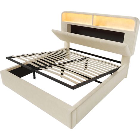 Cama doble 160x200 cm de terciopelo beige con cabecero ajustable, arcón LED USB Tipo-C (1/5)
