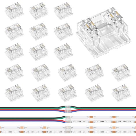 Kit Connecteur Ruban LED 10 mm 4 Pôles 20 Pièces 3 en 1 Universel Connecteur sans espace pour bande LED Transparent sans Soudure COB SMD pour Rubans LED RGB Couleur 10 mm (1/5)