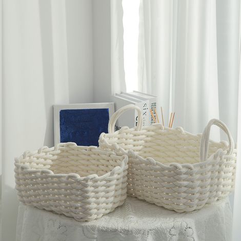 Nouveau panier de rangement de style nordique, panier en corde de coton tissée à la main, panier de rangement de bureau pour clés et en-cas, panier de rangement pour sous-vêtements, blanc tissé, grand (1/4)