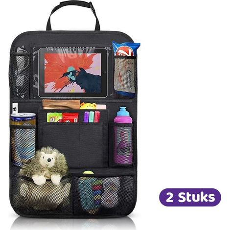 Organisateur de siège de voiture - 2 pièces - Avec support de tablette - Rangement pour voiture - Organisateur de dossier de siège - Poches multiples - Noir (1/5)