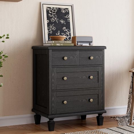 Commode vintage 4 tiroirs en bois 60(L)x40(W)x75(H)cm, poignées sculptées, pieds fuselés, idéale chambre, salon ou entrée, finition vieillie – Coloris variés Noir (1/5)