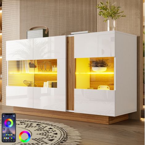 Buffet 120x38x80 cm en panneaux de particules blanc naturel, LED réglable pour salon – MEUBLIV (1/5)