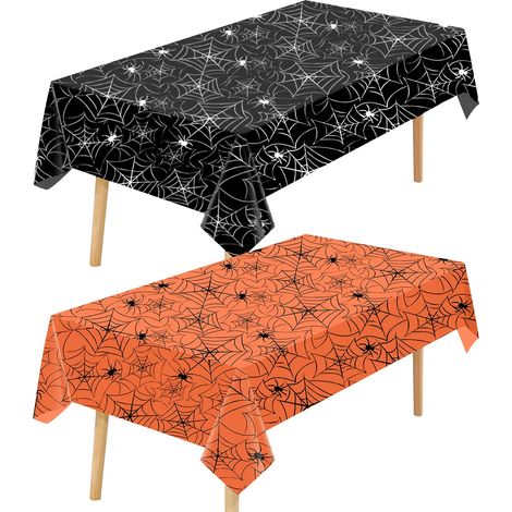 Lot de 2 nappes Halloween - Décoration table - Plastique toile araignée - Rectangulaire - Salon, salle à manger, fête - Noir et orange (1/5)
