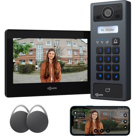 GOLIATH Basic 2-Draht BUS Türsprechanlage  FullHD  7" Monitor  Schwarz  RFID & Keypad  Aufputz