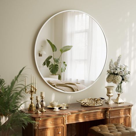 Miroir mural rond de 90 cm, miroir de salle de bain incassable avec cadre en aluminium, miroir à suspendre et à poser, miroir mural rond pour la chambre, la salle de bain, le salon (1/5)