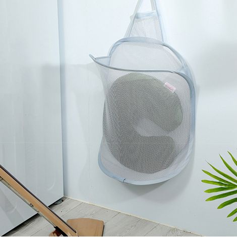 Panier à linge suspendu lavable Gris - Nylon et anneau métallique - 40x29.5cm - Compact et pliable pour gain de place (1/5)