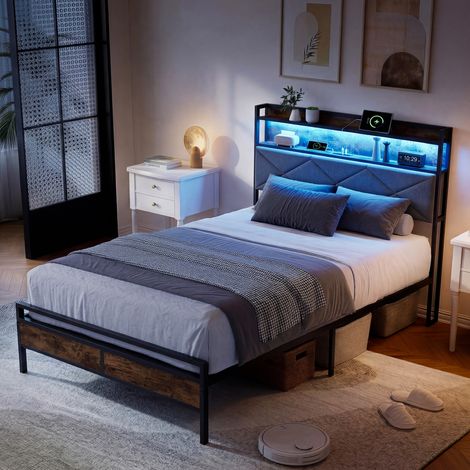 Lit 90x200 cm,lit simple,lit adulte,lit capitonné,avec sommier à lattes,LED,tissu en lin (1/5)