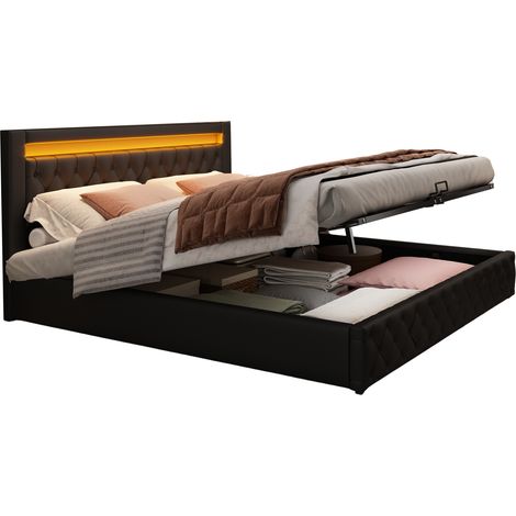 CHICFURN Cama tapizada 140x190 cm con arcón elevable, cabecero acolchado, LED regulable y somier de lamas de madera, estilo clásico moderno en cuero regenerado negro para dormitorio (1/5)