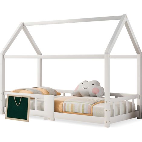 Lit cabane enfant 90 x 200 cm en bois blanc avec tableau, barrière de sécurité et sommier à lattes, chambre enfant, montage facile - CHICFURN (1/5)