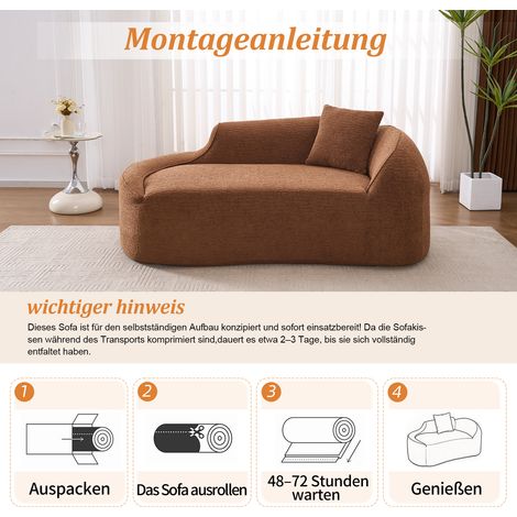 Komprimieren Sofa,Bogenförmiges Chaiselongue für den Innenbereich, modernes Chenille-Zweisitzer-Sofa mit tiefer Sitzfläche und 1 Kissen, Schlafsofa für Wohnzimmer, Schlafzimmer und Wohnung–Karamell (1/5)