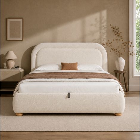 Cama doble 140x200 cm con canapé hidráulico, cabecero tapizado en tela bouclé beige y somier de láminas reforzado, almacenaje amplio para dormitorio -FLORAGRACE (1/5)