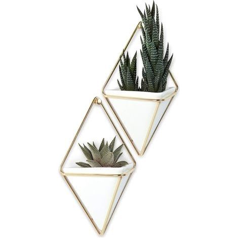Jardinière Suspendue et Décoration Murale Géométrique Pour Petite Plante, Plante Succulente et Bien Plus Encore, Blanc/Laiton, Lot de 2 (1/5)