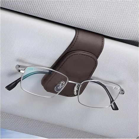 Porte-Lunettes De pour Voiture, Magnétique en Cuir Clip Cintre De Lunettes pour Voiture, Support De Lunettes De Soleil De Visière Voiture Universel avec Pince à Carte (Moka) (1/5)