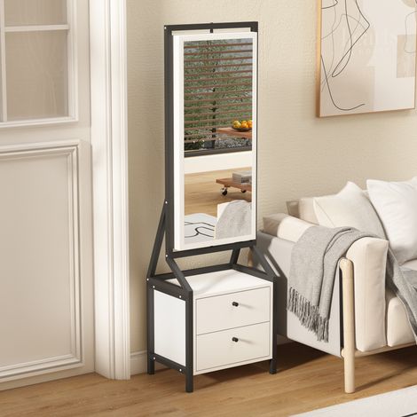 Armoire à bijoux sur pied pivotante avec miroir et 2 tiroirs, blanc (1/5)