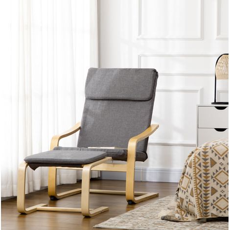 Sillón relax gris con reposapiés de lino, 66,5 x 80 x 99 cm, estructura de madera (1/5)