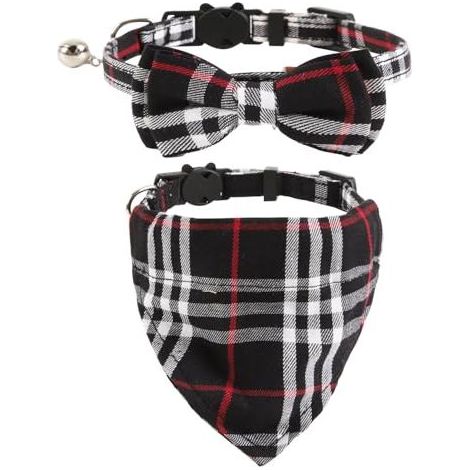 2pcs Colliers pour chats avec cloches Noeud papillon amovible Bandana, collier pour chaton, Bandana, noeud papillon pour chien, Collier Chat avec Boucle de Sécurité Ouvrable Facilemen, noir (1/5)