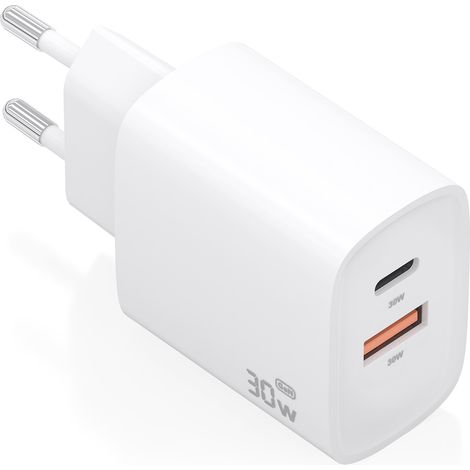 AISENS - CARGADOR GaN 30W, 1xUSB-C PD3.0 QC4.0, 1xUSB-A QC3.0, BLANCO