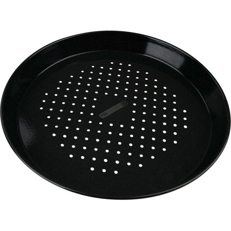 1 Plaque à pizza perforée ronde, Acier émaillé noir, 32 cm diamètre, 3 cm bord, Cuisson four et barbecue
