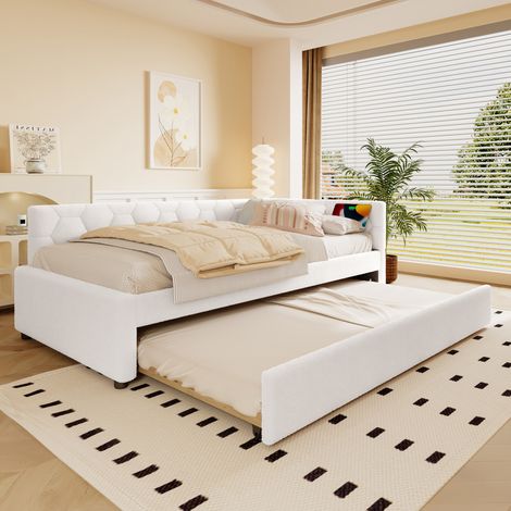 Lit banquette en tissu bouclette blanc 90x200 cm avec sommier, lit gigogne, lampe de chevet, USB et port Type-C (1/5)