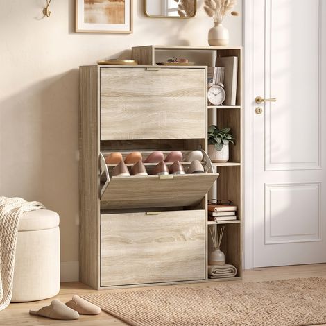 Meuble a chaussures etroit avec 3 tiroirs a rabat, range jusqu a 18 paires (EU 45,5), cloisons reglables et amovibles, 25 cm de profondeur, style campagne, MDF, 40 kg, anti-basculement, montage simple (1/2)