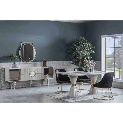 Comedor completo ERMIGAN con 4 sillas blanco, gris y dorado (1/5)