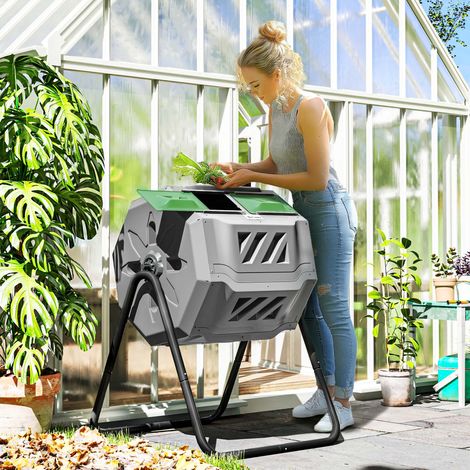Composteur de Jardin - bac à Compost pour déchets - Rotatif 360° - Double Chambre 160 L - Acier PP Gris (1/5)
