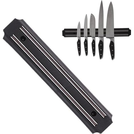 Aimant couteau mural,Porte Couteaux Aimanté,Magnétique pour Couteaux en Acier Inoxydable,Porte-couteau magnétique,Avec outil de montage,19cm,Noir (1/5)