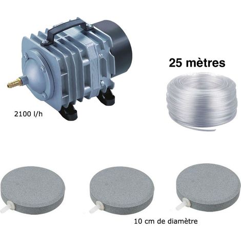 Set aérateur bassin de jardin 3 Disques 10 cm de 0 à 5000 l. Pompe à air bassin + bulleurs de qualité (1/5)