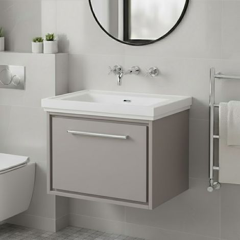 Hudson Reed Lille Wall Hung 1-Drawer Vanity Unit with 0TH Classique Basin 600mm Wide - Pebble Grey