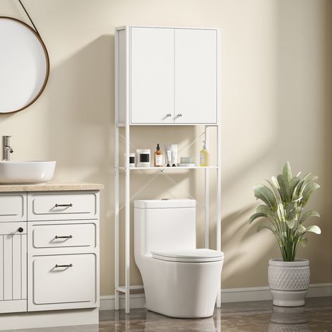 Mobile Bagno Sopra WC et Lavatrice avec Armadietto et Étagère Ouverte, 64x20x180 cm, Blanc (1/5)